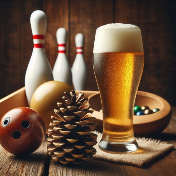 ein Kegelpin, eine Kegelkugel und Bier im Glas Zum Kegeln geht es ins Brauhaus Müritz